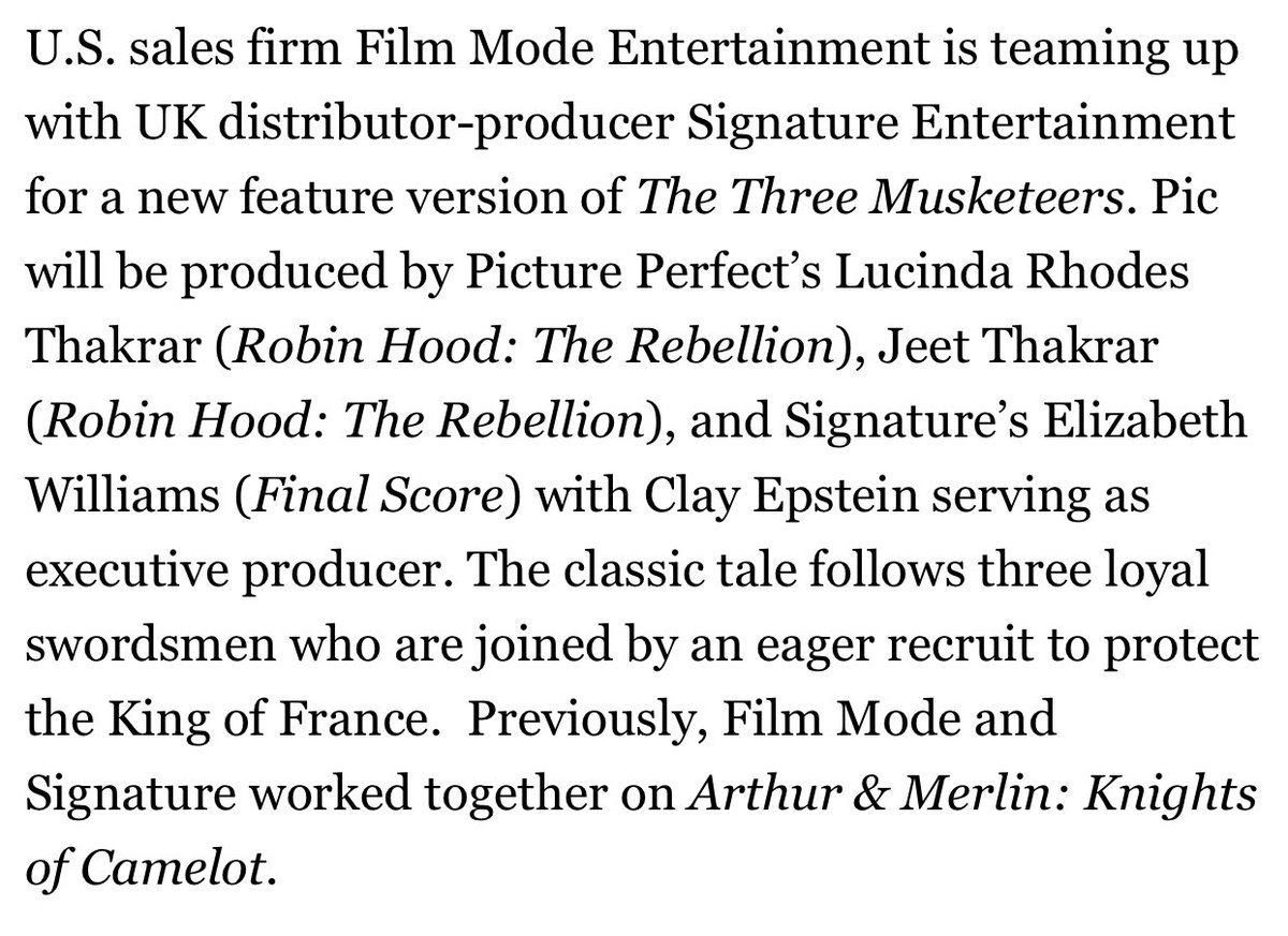 The Three Musketeers Its official!!! We <a href="/PICPERFLTD/">Picture Perfect Ltd</a> are very excited to be producing this new movie with <a href="/SignatureEntUK/">Signature Entertainment 🎬</a> and <a href="/FilmModeEnt/">Clay Epstein</a> check out the annoucement in <a href="/DEADLINE/">Deadline</a>