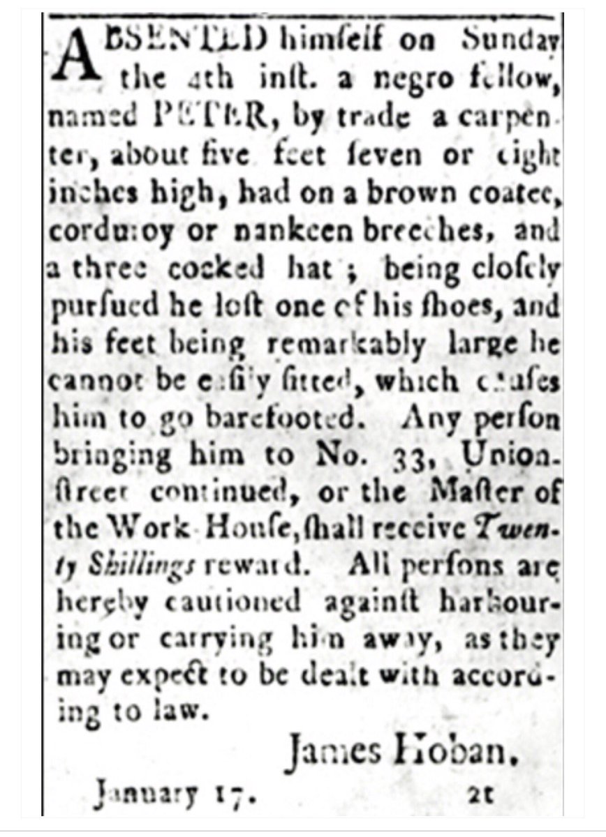 This is an advert for a runaway slave that James Hoban placed in a Charleston newspaper (1789). "Peter" must have been captured for he appears in the list of Hoban's slaves that worked on building the White House in 1792.