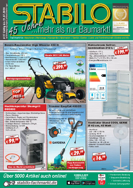 Stabilo Fachmarkt Werbeprospekt KW 27
Gültig von 25.06.2019 bis 21.07.2020

Die Angebote aus unserem neuen Werbeprospekt sind online: stabilo-fachmarkt.de/aktuelle-werbu…