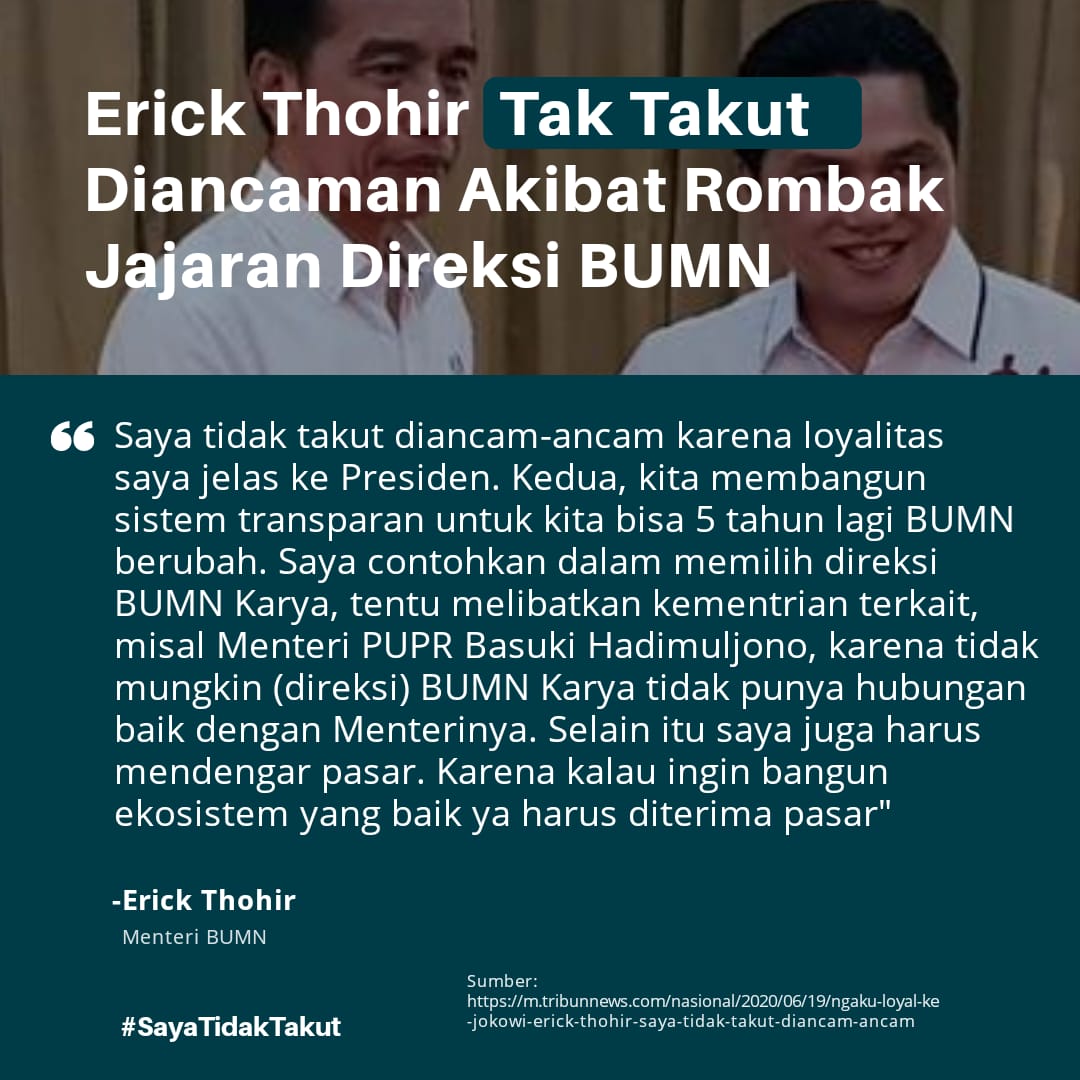Ceekhoo's tweet photo. akibat merombak jajaran direksi BUMN menteri BUMN mendapatkan banyak ancaman dari berbagai pihak ini dilakukan agar lebih transparan kedepannya dan lebih baik.
#SayaTidakTakut 
@KemenBUMN @erickthohir https://t.co/mU76Yt4WR2