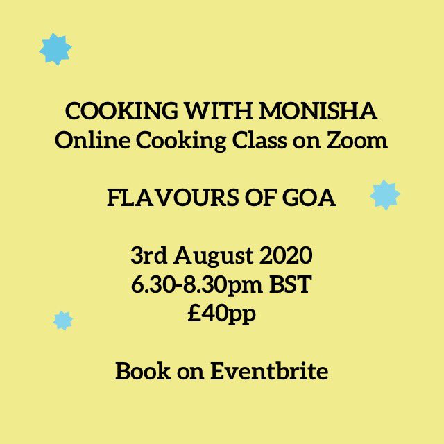 Another date added for this class full of sunshine flavours! We’ll cook Chicken Cafreal, Goan Prawn Curry, Potatoes with chilli and garlic and a fresh Green Beans with cashew nuts and coconut 

eventbrite.co.uk/e/online-flavo…