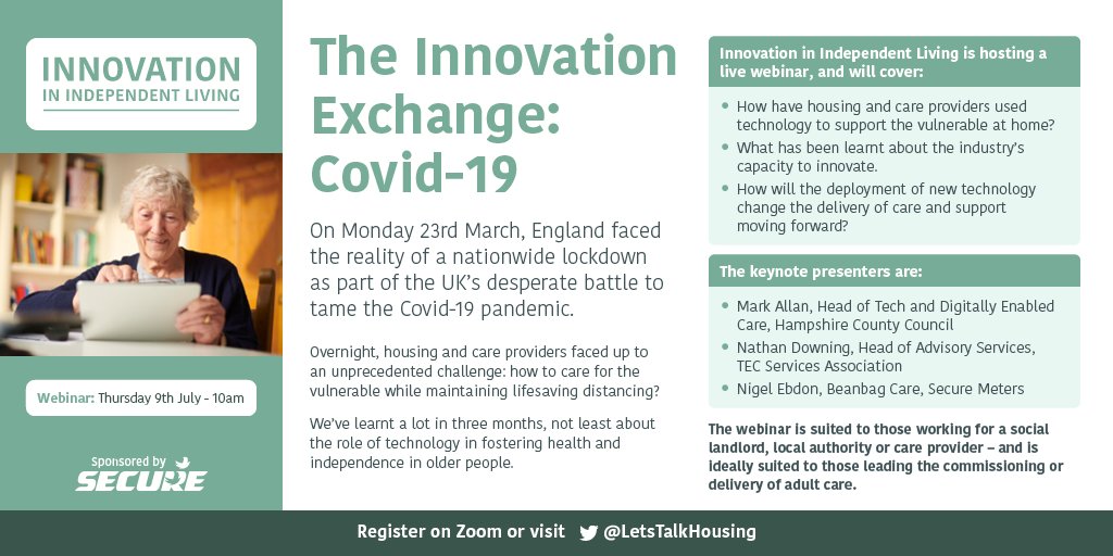 Innovation in Independent Living Online 9/7
How have local authority care &amp; housing providers innovated to support those at home throughout the Covid-19 crisis? Join Mark Allan from <a href="/hantsconnect/">Hampshire County Council</a> &amp; Nathan Downing from <a href="/TSAVoice/">TSA (TEC Services Association)</a> - plus sponsor @SecureMeters
us02web.zoom.us/webinar/regist…