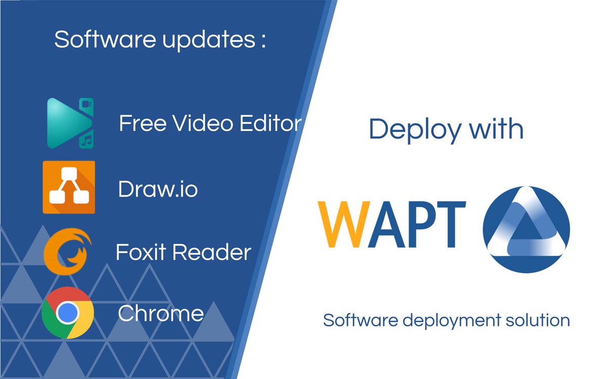 TRANQUIL_IT's tweet image. [UPDATE 2/2] New software update for  #FreeVideoEditor, #DrawIo, #FoxitReader and #Chrome on the #WAPT store.

#Patchmanagement #Update #CyberSecurity