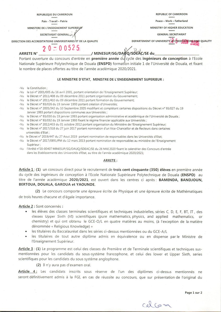 MinesupCmr's tweet image. #ENSPD_2020
Concours d’entrée en #1ère_année du cycle des ingénieurs de conception à l’Ecole Nationale Supérieure Polytechnique de Douala
#NASE_Douala2020
Competitive entrance examination into the #1st_year of the National Advanced School of Engineering of the University of Dla