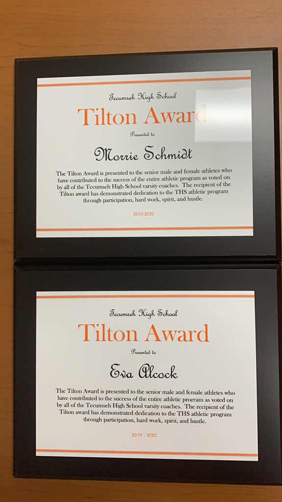TecAthletics's tweet photo. Congrats to Eva Alcock and Morrie Schmidt on being awarded the Tilton Award. This award goes to the senior female and male athlete that have contributed to the success of the entire athletic program as voted on by our coaches. Me. Zajac will dropping these off today.
Roll Tribe!! https://t.co/TTKQGjOEmv