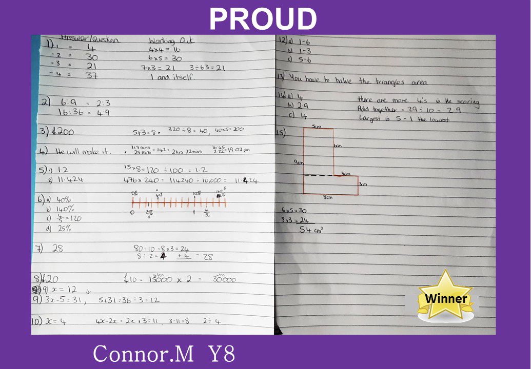 GrangefieldTLC's tweet photo. Connor.M in Y8 is another PROUD winner for his amazing Maths work! Well done Connor 👏🏻💜 @Grangefield #PROUD #teamgrange https://t.co/vnjJY1igiB
