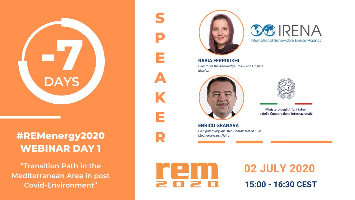 REMenergy's tweet photo. 7 days to go for the first #REMenergy2020 live session with:

🗣 R. Ferroukhi, IRENA
🗣 E. Granara, Italian Ministry of Foreign Affairs

Join us: https://t.co/gbGkCiJu0P

➡️Save the date: 02 july 2020 - 15:00/16:30 CEST
#REM #sustainability #greenenergy #onlineconference #webinar https://t.co/XSfOhR6iKD