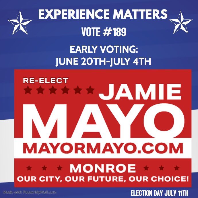 RodWash1911's tweet photo. Early voting is from 8:30 am until 6:00 pm. Get out and vote now, while the weather is good. Take someone with you. Call and remind someone. Your vote matters! Experience matters! Vote to re-elect Mayor Jamie Mayo #189  @ Monroe, Louisiana https://t.co/YGkQ5RkO8O