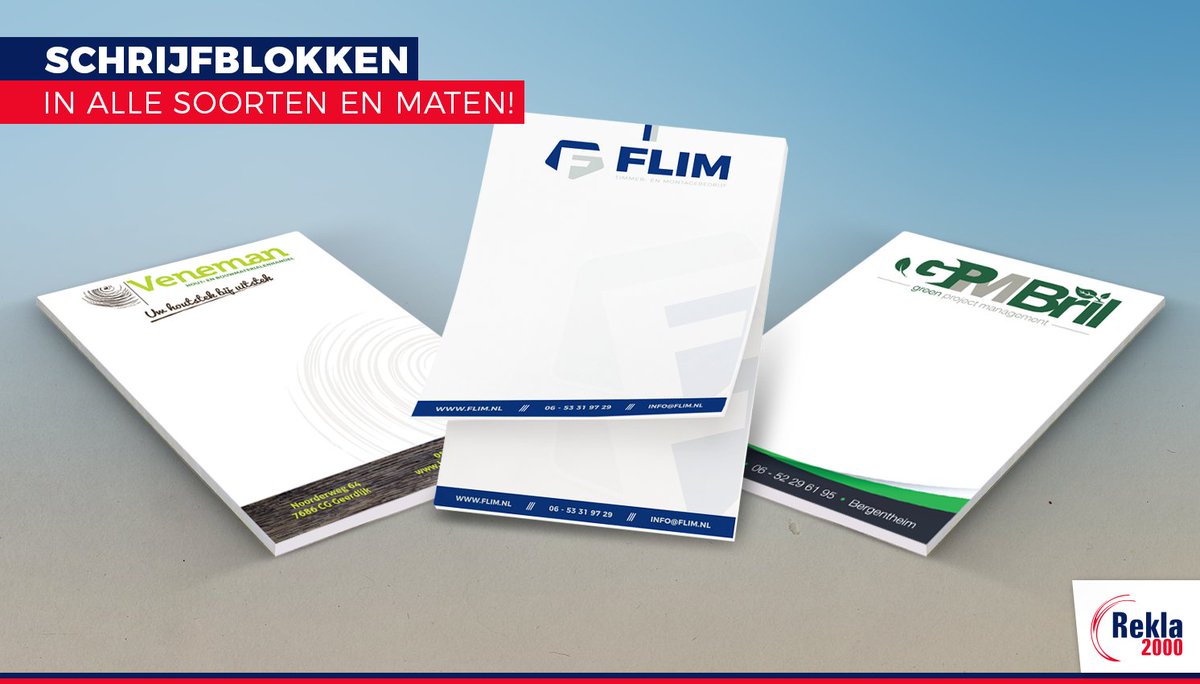 Voor Houthandel Veneman, FLIM Timmer-en montagebedrijf en GPM Bril mochten we onlangs deze schrijfblokken verzorgen.

Geïnteresseerd in uw eigen schrijfblokken? Wij helpen u met een ontwerp op maat! Levering al mogelijk vanaf 125 stuks!