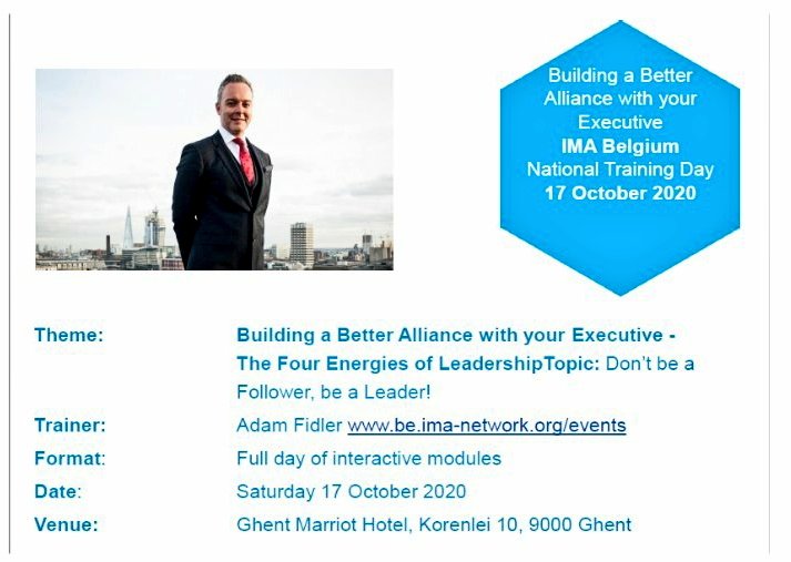 imaeuk's tweet photo. IMA Network gives you worldwide training opportunities ... check out the next Training Day in Ghent with @IMA_Belgium & @adamdfidler 'Building a Better Alliance with your Executive'
Details visit - be.ima-network-org
#ExecutiveAssistantTraining #IMANetwork https://t.co/ESIfiF12Ig