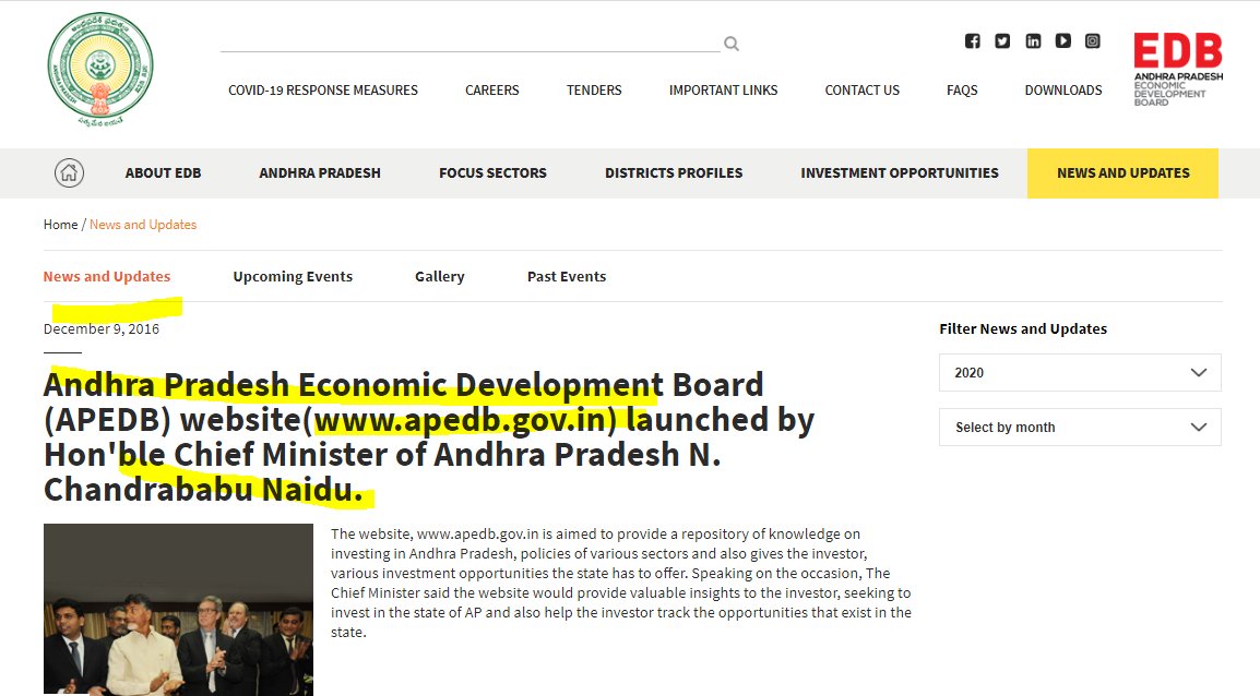 TDP/CBNAPEDBFormedMar'16Dec'16Website http://apedb.gov.in/ Jun'18APEDB Act https://www.gad.ap.gov.in/notifications/notices/2018gad_ms82-2.pdfDec'18Gold Award-best organisation,for investment promotion https://twitter.com/TheHansIndiaWeb/status/1079433090781478912Twitter @AP_EDBFB https://www.facebook.com/APEDB/ Youtube https://www.youtube.com/channel/UCHqJtulKbSlnxtUEFLFwpOQ