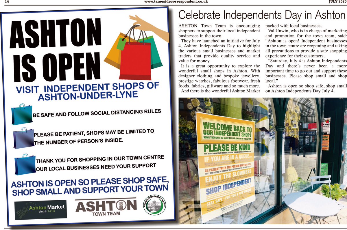 TamesideCorr's tweet photo. Also in this months edition of The Correspondent, @ashtontownteam celebrates the fabulous independent businesses on offer in the town, re-opening of shops post lockdown and invite you all to join them on July 4 to celebrate Ashton Independents Day https://t.co/h0pabrK2WG