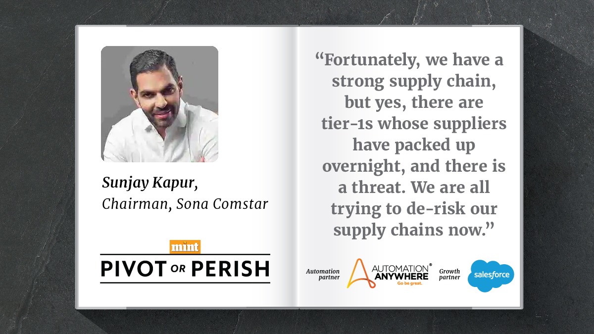 livemint's tweet photo. #CEOSpeak | Companies that have supply chains in China are trying to bring that to India, @sunjaykapur, Chairman, @sonacomstar tells @malyabanghosh in an interview for Mint's #PivotOrPerish series   

https://t.co/vZxmniNHiI https://t.co/Ytw8xyjvSD
