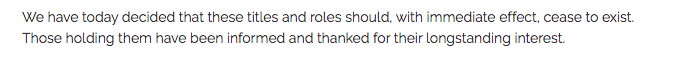 Instead of standing up for their principles they abolished the honorary position she held.Not daring to examine the specific accusations against her (in case anyone might have to admit that they too think sex is real and is important)No, just abolish the position. Simple.