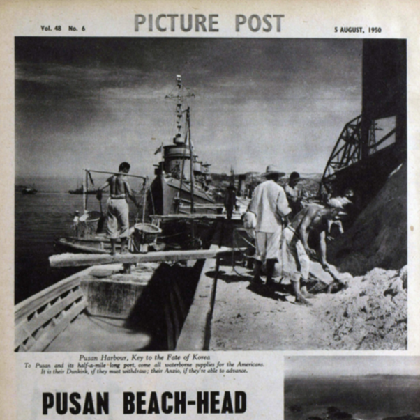By August, Pusan was the backstop, and across the Korea Strait, Fukuoka's occupation bases and airfields were the frontline in the war. Trucks with the "red clay" of Korea still on their treads rolled through Fukuoka's streets. The battle injured were treated in its hospitals.