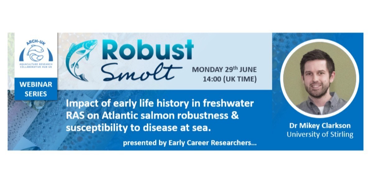Meet <a href="/MikeyClarkson1/">Mikey Clarkson</a> <a href="/IoAStirling/">Institute of Aquaculture</a>...
One of the #ECRs presenting at the next ARCH-UK Webinar!
👉 Bringing valuable industry experience &amp; expertise in #salmon #physiology to the <a href="/RobustSmolt/">RobustSmolt</a> project! 🐟

DON'T MISS THE WEBINAR
Mon 29 June 2pm 
Register: bit.ly/2YZeGEf