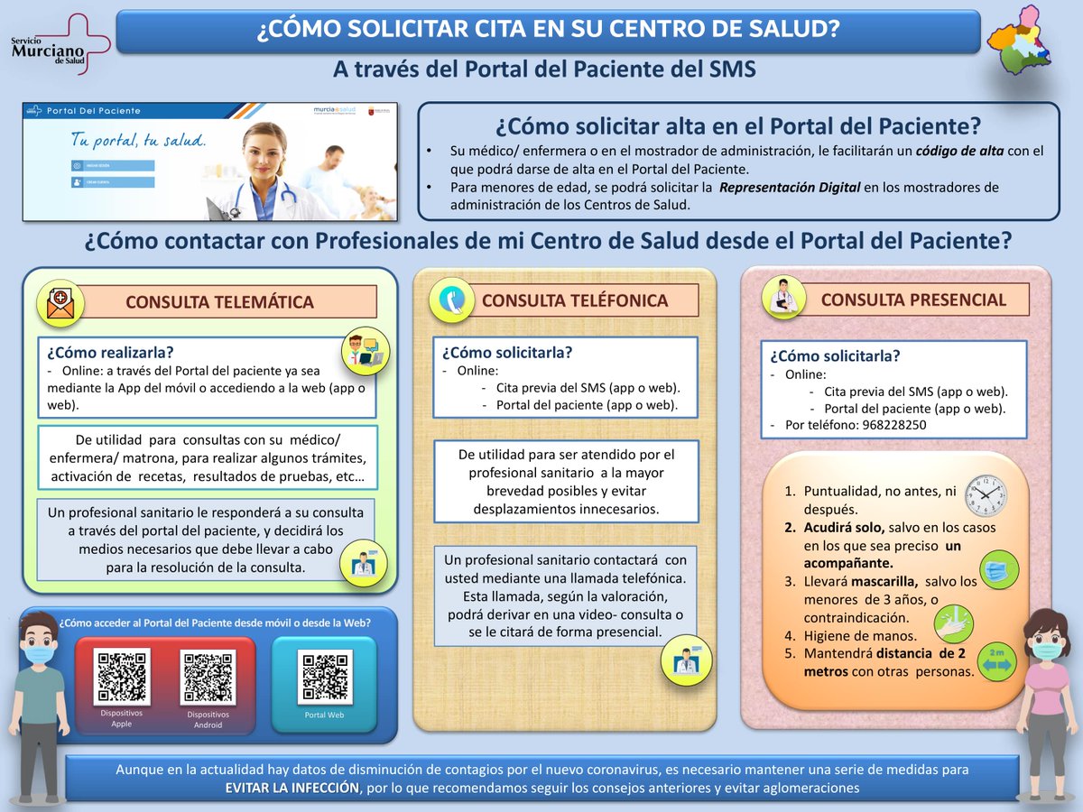 Murciasalud's tweet photo. 📢Consulta aquí 👇cómo solicitar #cita en tu centro de salud y cómo contactar con los profesionales a través del #PortaldelPaciente del Servicio Murciano de Salud.

#MurciaSalud #RegióndeMurcia https://t.co/ZrXCgfYDSn