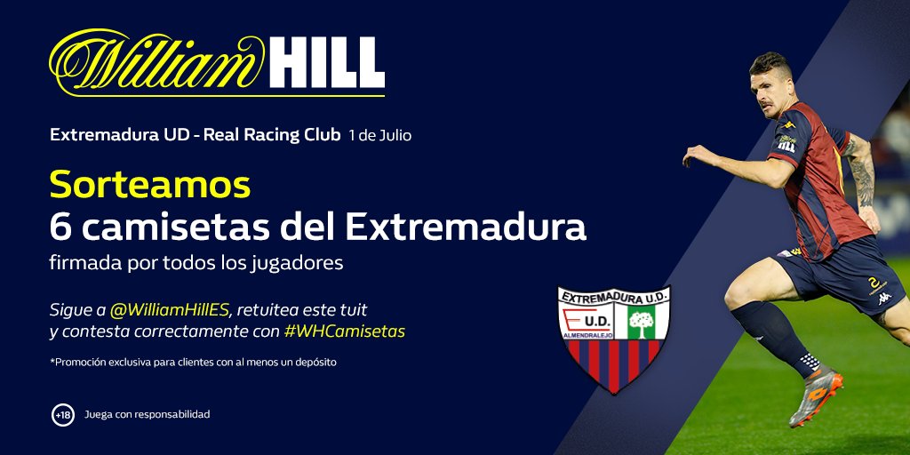 WilliamHillES's tweet photo. 👕 ¡Sorteamos 6 camisetas firmadas del @EXT_UD!

✅ Síguenos
🔃 Haz RT
✅ Sé cliente

📝 Responde con #WHCamisetas y cuál fue el año de inauguración del Estadio Francisco de la Hera.

⏰ Sorteo: 1/07/20

T&amp;C 👉 https://t.co/Ys2d2IJCLh https://t.co/rvQaKepJit