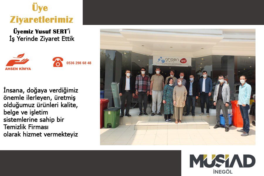 Üye ziyaretleri kapsamında Yusuf Sert’i (Ahsen Kimya) ziyaret ettik. Firmanın yeni hizmet merkezine yapmış olduğumuz ziyarette   iş yerinin hayırlı olmasını diledik.
ahsenkimya.com.tr