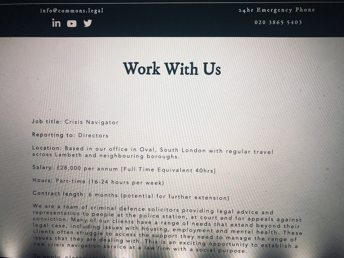 Lisa Stepanovic MBE (@lisa_stepanovic) on Twitter photo Co-operative criminal defence law firm <a href="/CommonsLegal/">Commons Law CIC</a> is recruiting.They’re looking for a ‘Crisis Navigator’ to support the needs of clients who are struggling personally/socially.They’re looking for someone that cares & with experience of the system #SouthLondon #JobWithPurpose Co-operative criminal defence law firm <a href="/CommonsLegal/">Commons Law CIC</a> is recruiting.They’re looking for a ‘Crisis Navigator’ to support the needs of clients who are struggling personally/socially.They’re looking for someone that cares & with experience of the system #SouthLondon #JobWithPurpose