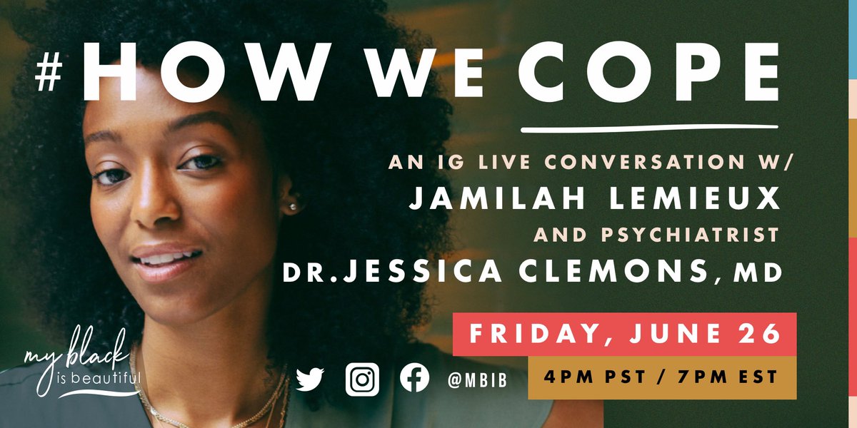 MBIB's tweet photo. Pause. Breathe. Relax your shoulders. Mental health and self-care are essential; pour into yourself. Join our host Jamilah Lemieux and licensed psychiatrist, Dr. Jess for #HowWeCope; a virtual group therapy session to process our anger and frustration. #MBIB #MyBlackIsBeautiful https://t.co/5JDpcuOFPv