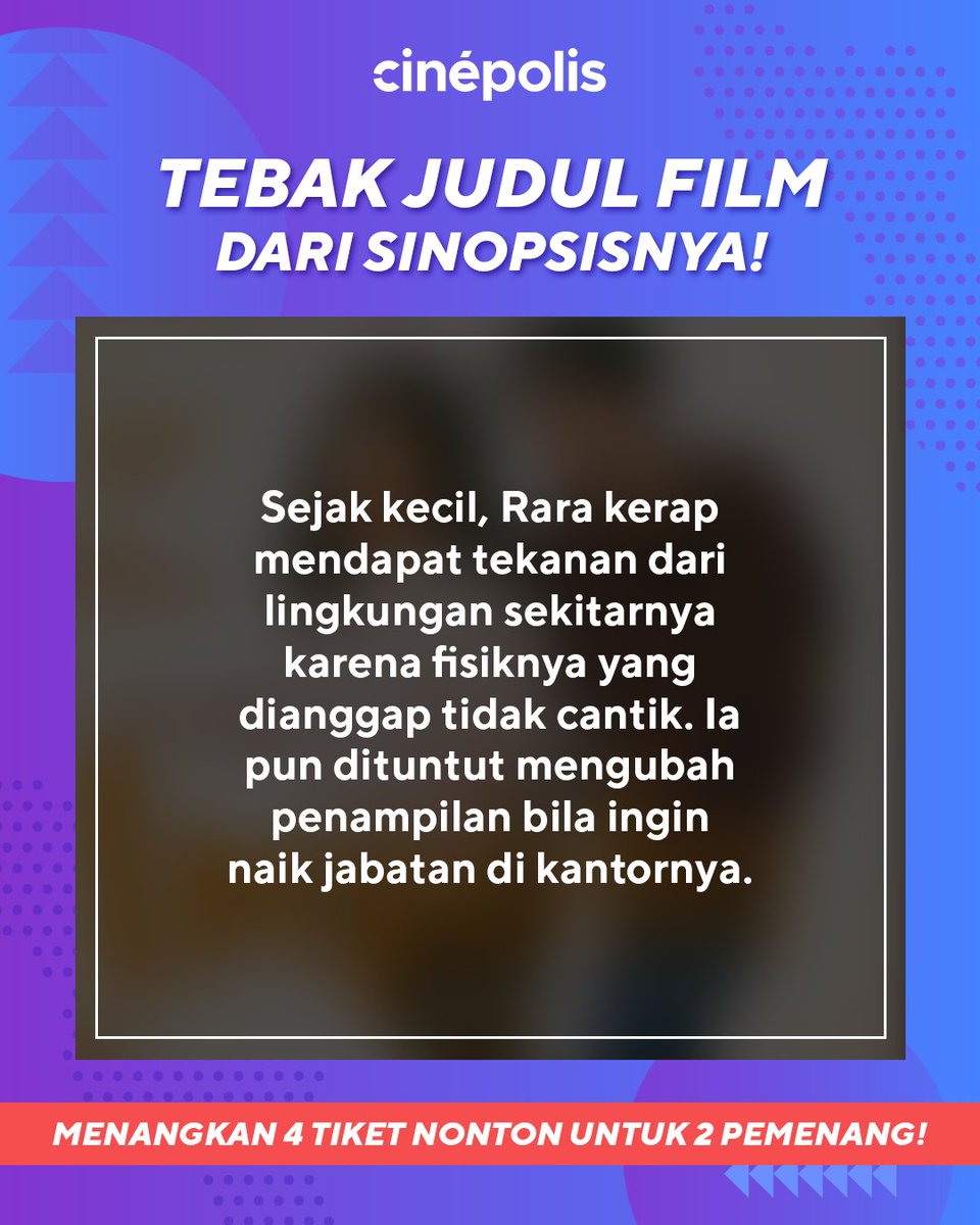 Buat kamu yang kangen bioskop, Cinépolis mau bagi-bagi tiket gratis nih, berlaku hingga 2021! Yuk RT post ini, jawab pertanyaannya di reply dan jangan lupa follow Twitter kita!
⁣⁣⁣⁣⁣⁣⁣
⁣⁣⁣⁣⁣🎉 Selamat untuk pemenang minggu lalu: <a href="/DinniDinni/">Dinni Fardhani</a> <a href="/hendrawaskitha/">Agent H</a> 🎉⁣⁣