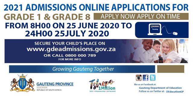 jozifm's tweet photo. The Gauteng 2021 Admissions Online applications system for grade 1 and 8 has received just over 104 000 successful applications to date. #AdmissionsUpdate M.M https://t.co/70JoDNegD0