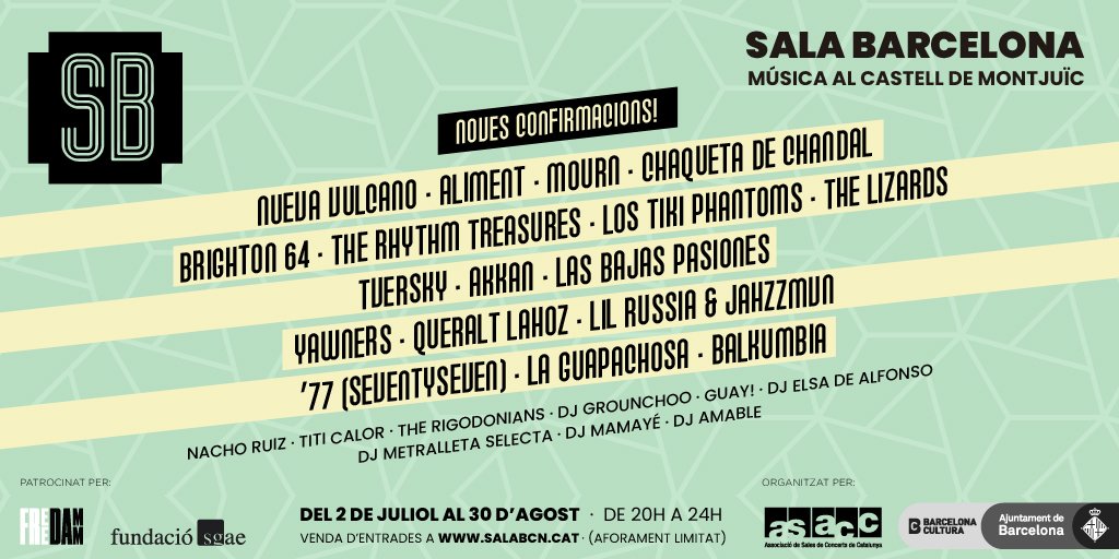 curtcircuit's tweet image. Ampliem el cartell de #salaBCN!
Més grups. Més DJs. Nous concerts. 😍

La millor música en directe al Castell de Montjuïc. Del 2 de juliol al 30 d'agost. 

Entrades a la venda! 
➡️ salabarcelona.cat