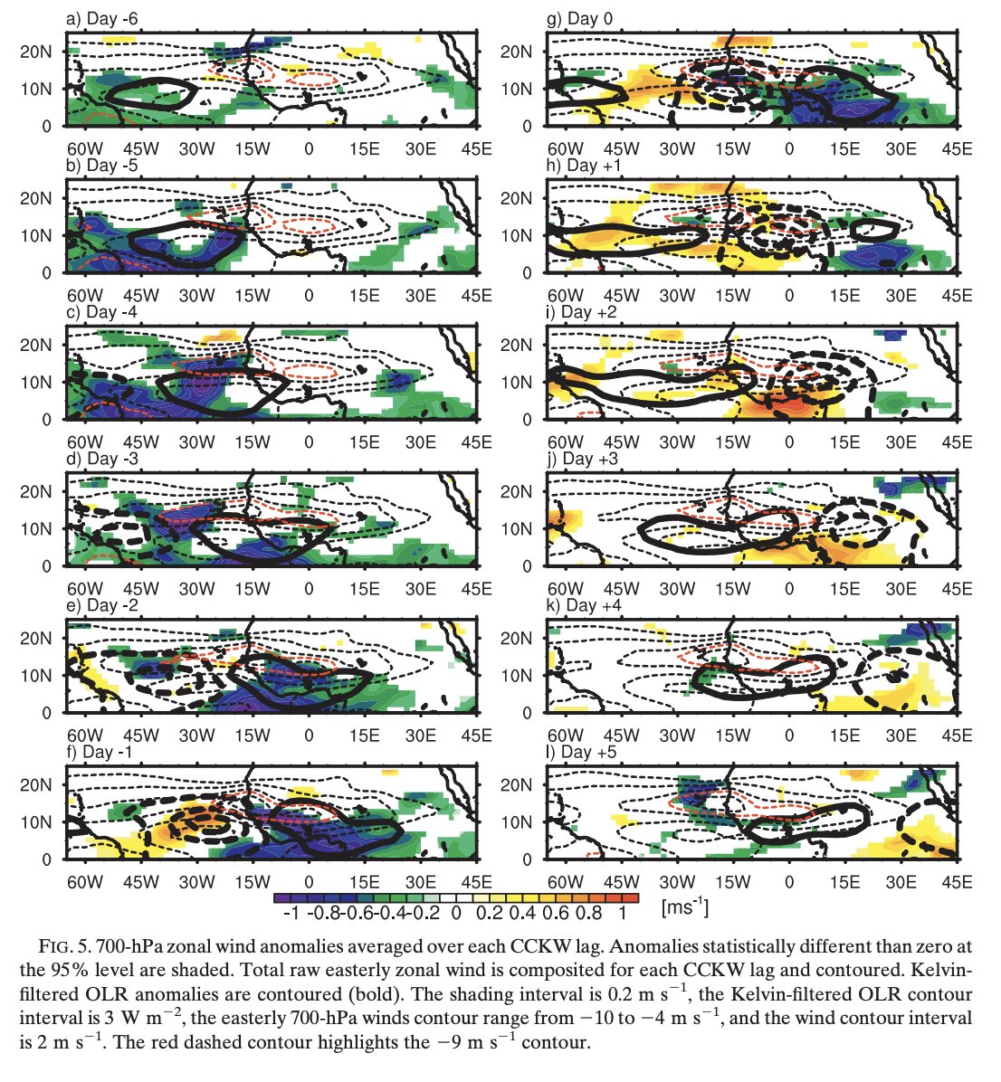 But the suppressed phase of the Kelvin wave actually primes the African easterly Jet (AEJ) in a sense, in which when the active phase begins to enter from stage left and convectively triggers African easterly waves, they can grow more barotropically against the AEJ.