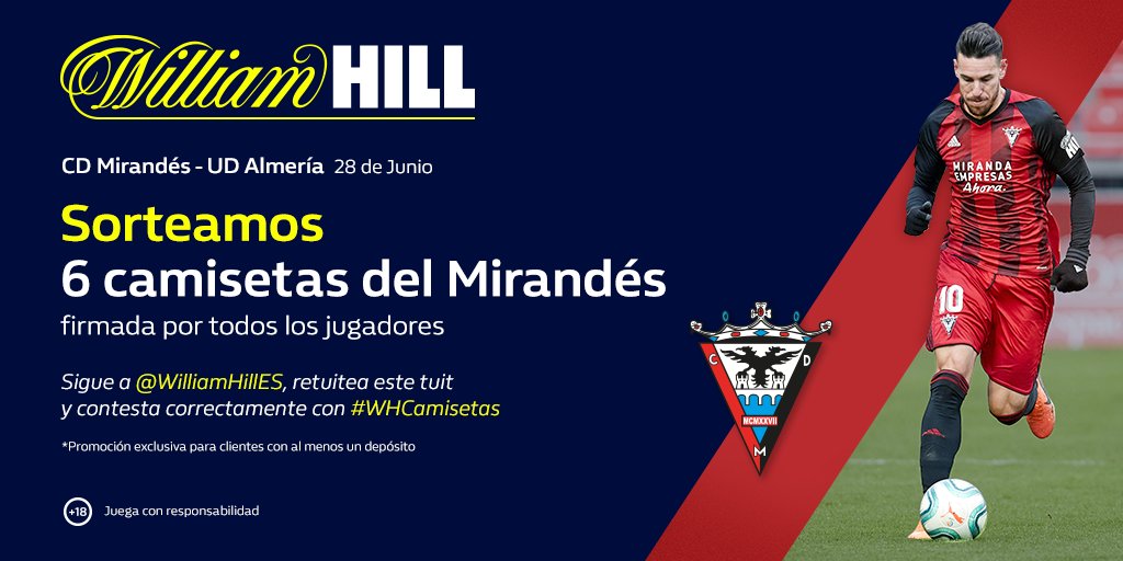 WilliamHillES's tweet photo. 👕 ¡Sorteamos 6 camisetas firmadas del @CDMirandes!

✅ Síguenos
🔃 Haz RT
✅ Sé cliente

📝 Responde con #WHCamisetas y qué jugador del CD Mirandés marcó el gol de la ida contra la UD Almería.

⏰ Sorteo: 28/06/20

T&amp;C 👉 https://t.co/Ys2d2J1dCP https://t.co/BUAwHsMTWk