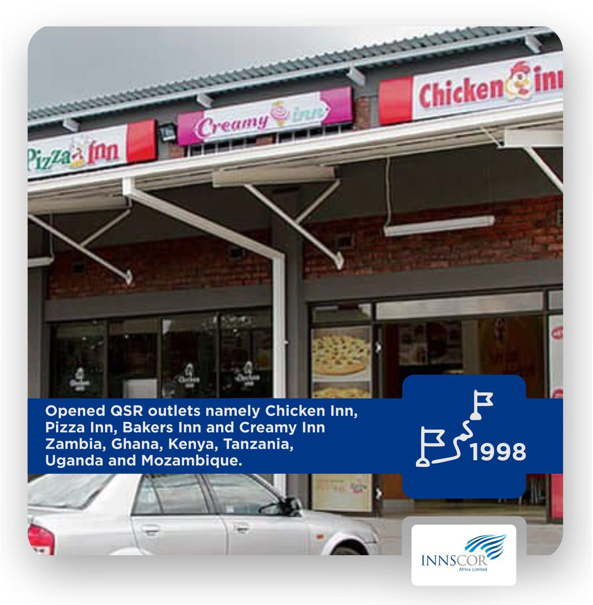 InnscorAfrica's tweet photo. Opened QSR outlets namely Chicken Inn, Pizza Inn, Bakers Inn and Creamy Inn Zambia, Ghana, Kenya, Tanzania, Uganda and Mozambique. (2/3)
#EvolutionThursday #tbt #InnscorAfricaltd https://t.co/Ch2m6xaF3o