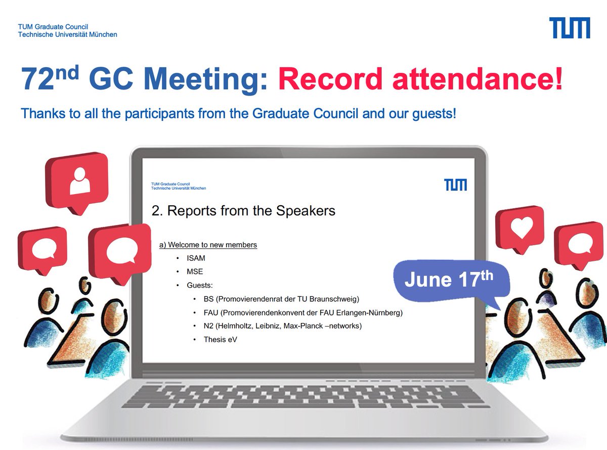 CouncilTum's tweet photo. Record attendance at the 72nd TUM GC meeting!
Thanks to all the participants from the #TUMGraduateCouncil and our guests from other doctoral representative bodies across Germany!
#Thesis, #tubraunschweig, #N²-Network of Networks #PROKO_FAU #TUMGS #tumgraduateschool #tumunich https://t.co/oGHiW8f5Ku
