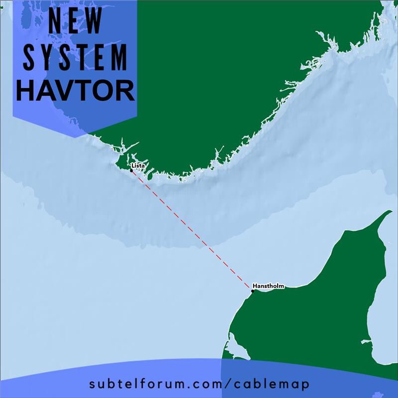 SubTelForum's tweet photo. In our latest update, we added the HAVTOR system to the SubTel Cable Map! This system connects the data center sites in Denmark and Norway. Check it out here: https://t.co/ftYpFAuZ3l
#SubTelCableMap #submarinecable #cablemap #HAVTOR #newsystem https://t.co/wG2EHy1TP4