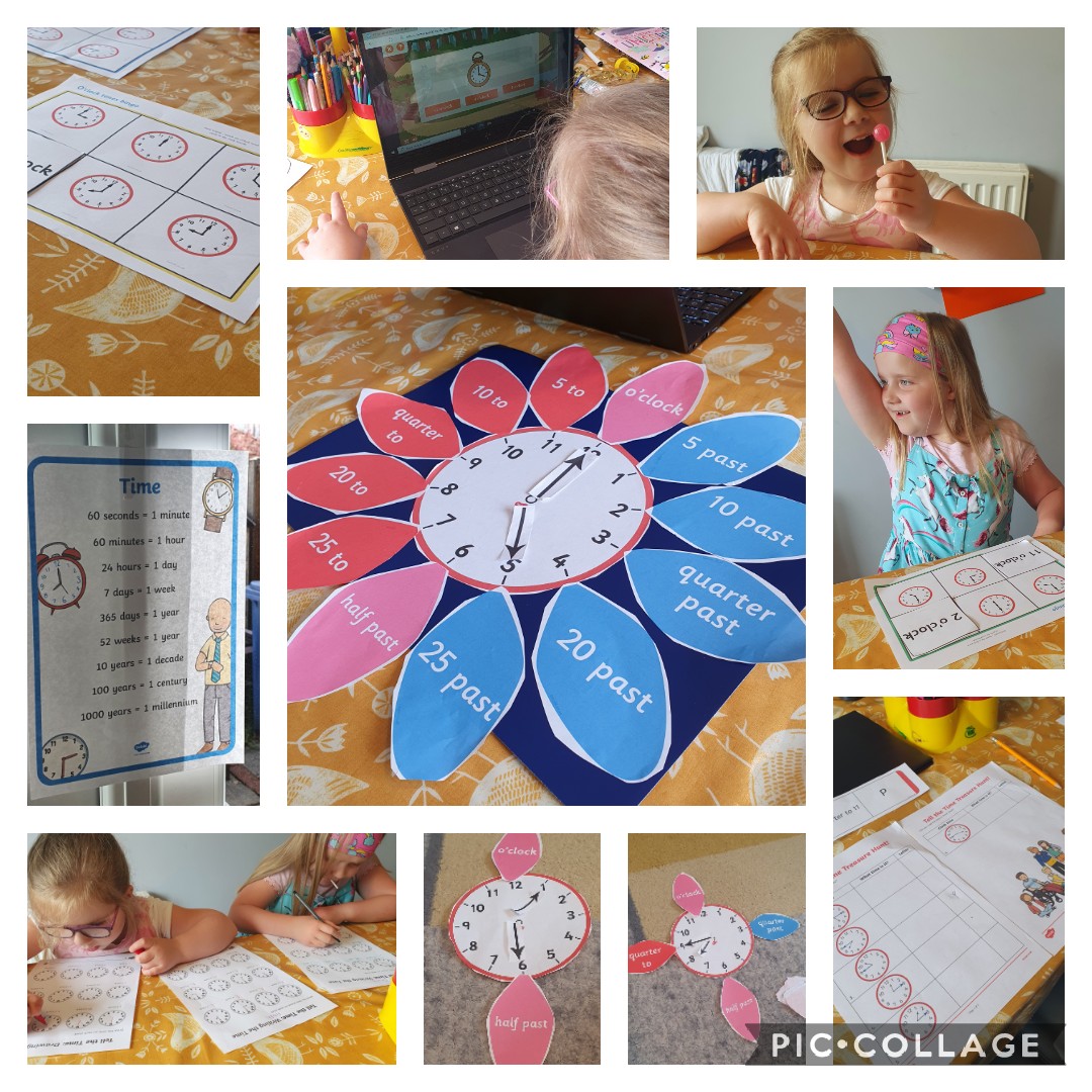 Lauraheaton11's tweet photo. @MWISClass3 
Early on in lockdown we did a day about Time.
We have left our flower clock up and Edith is now regularly telling us the exact time using our big kitchen clock. 
Exciting seeing learning 😀 https://t.co/lEcC3h4757