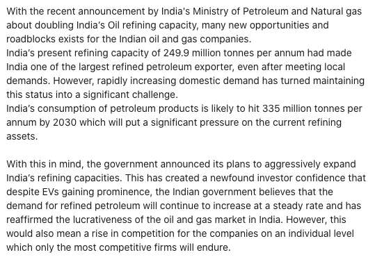 peaknorthgroup's tweet photo. India is increasing its Oil Refining capacity to meet increasing domestic demand as well as exports .#intellactiv #oilandgas #India #capacitybuilding @arujsingla @TheBlakeProject @ONGC_ @OPECnews @WSJ @Shell @IndianOilcl @PlattsOil @peoplevsoil @OGJOnline @reliancegroup @bp_plc https://t.co/ZRFPWXPGdj