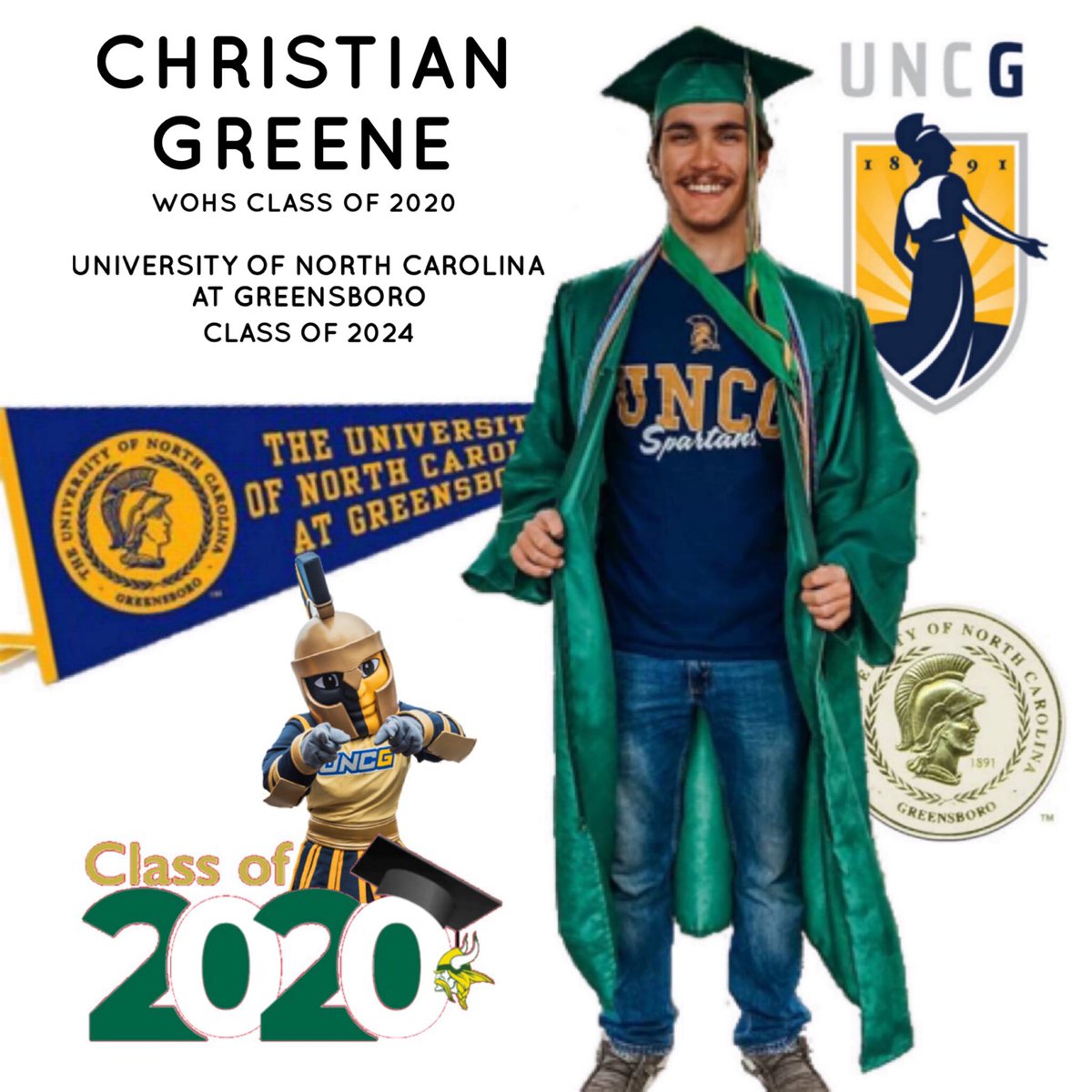 A new Spartan is heading to UNCG.  Congratulations to Christian Greene!  He is a Biology major in the pre-veterinary medicine program.  The Viking family is proud of Christian and looks forward to many great things to come! 💚💛🎓
#GraduateSpotlight
#Spartans2024
#StillRowing