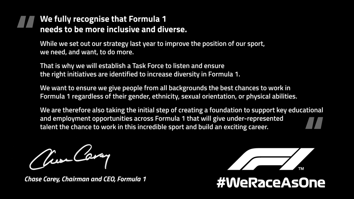 Today we are proud to set out a new series of commitments, including a personal $1 million contribution from CEO Chase Carey, to increase diversity and inclusion, across and within F1 

More information 👉 f1.com/WeRaceAsOne-Up…

#WeRaceAsOne