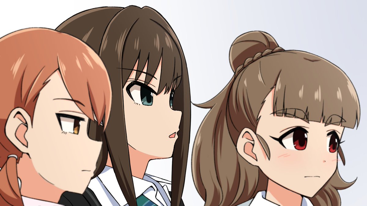 hojo karen ,kamiya nao ,shibuya rin multiple girls 3girls brown hair red eyes long hair brown eyes green eyes  illustration images