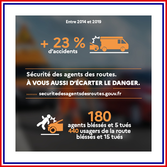 🚧Sécurité des agents des routes

⚠️Soyez attentifs aux panneaux d'informations lors de vos déplacements.

↔️ Respectez les distances de sécurité lors des interventions des agents.