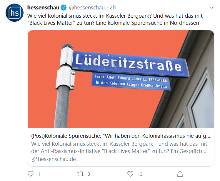 #AramZiai und ich im Interview mit <a href="/SonjaSuess/">Sonja Süß</a> von der <a href="/hessenschau/">Hessenschau</a>: Wir sprechen über #Kolonialrassismus made in Kassel, #Restitution, #Kolonialschule Witzenhausen, postkoloniale Stadtrundgänge und dekolonialen Aktivismus.