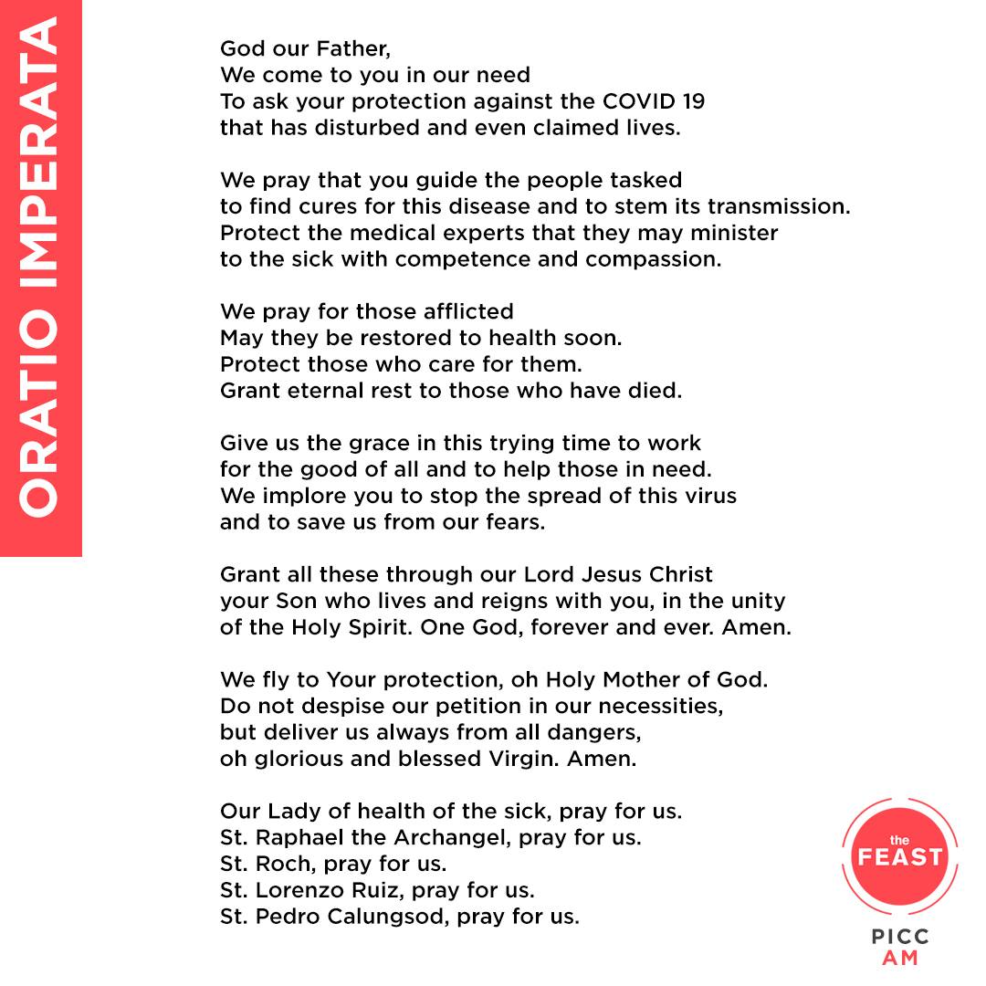 FeastPICCAM's tweet photo. As one community, we are encouraging everyone to join us in praying the Oratio Imperata every day at 12nn and 8pm.
#YouAreLoved
#FeastPICCAM
#OneInPrayer
#WeHealAsOne https://t.co/REc5HuJGzn