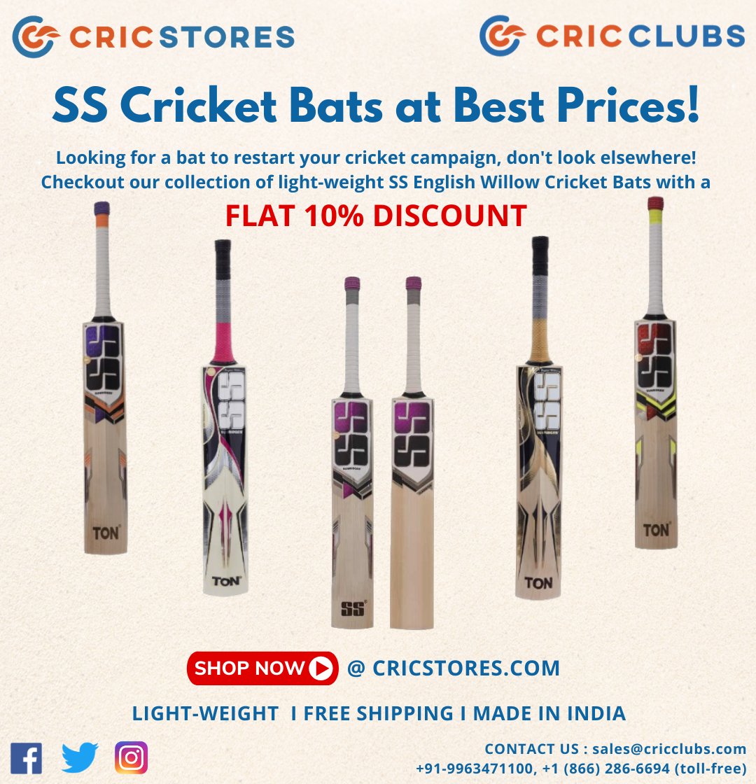 Check out our collection of light-weight SS English Willow Cricket Bats online with a flat 10% discount at CricStores.

Shop now at cricstores.com

#Cricket #cricketer #onlinecricketstore #OnlineShopping #ordernow #ssbat #bestcricketbats #englishwillow #sale @cricclubs