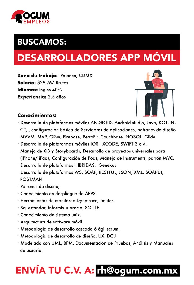 EmpleosOgum's tweet photo. Tenemos nuevas #vacantes en Ogum empleos.

Buscamos #desarrolladores  para #apps 

Si te interesa envíanos tu #CV a: rh@ogum.com.mx o visita nuestra web: https://t.co/zyMLtPGoTG para subirlo

#trabajosihay

#reclutamientoyseleccion

#rrhh https://t.co/aQx5QBxpsm