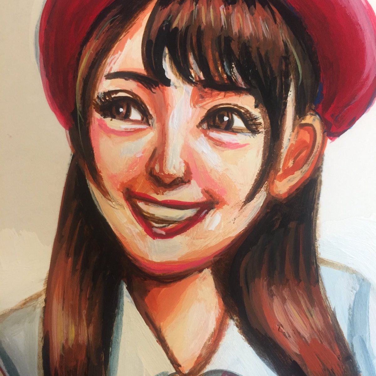 1girl solo brown hair beret smile hat brown eyes  illustration images