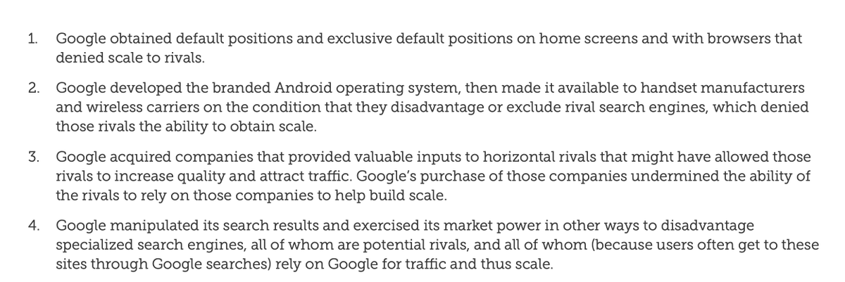 Here's the paper's "case against Google". It pays to be the default search engine on web browsers; it is built in to Android; it has bought companies that other search engines might use to be good instead; and the old self-preferencing argument (eg as in Google Shopping).