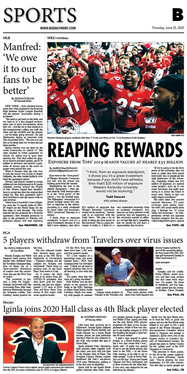 Jeff_NationsBG's tweet photo. Thursday's @bgdailynews sports front @WKUFootball https://t.co/wmbAHFHyRF