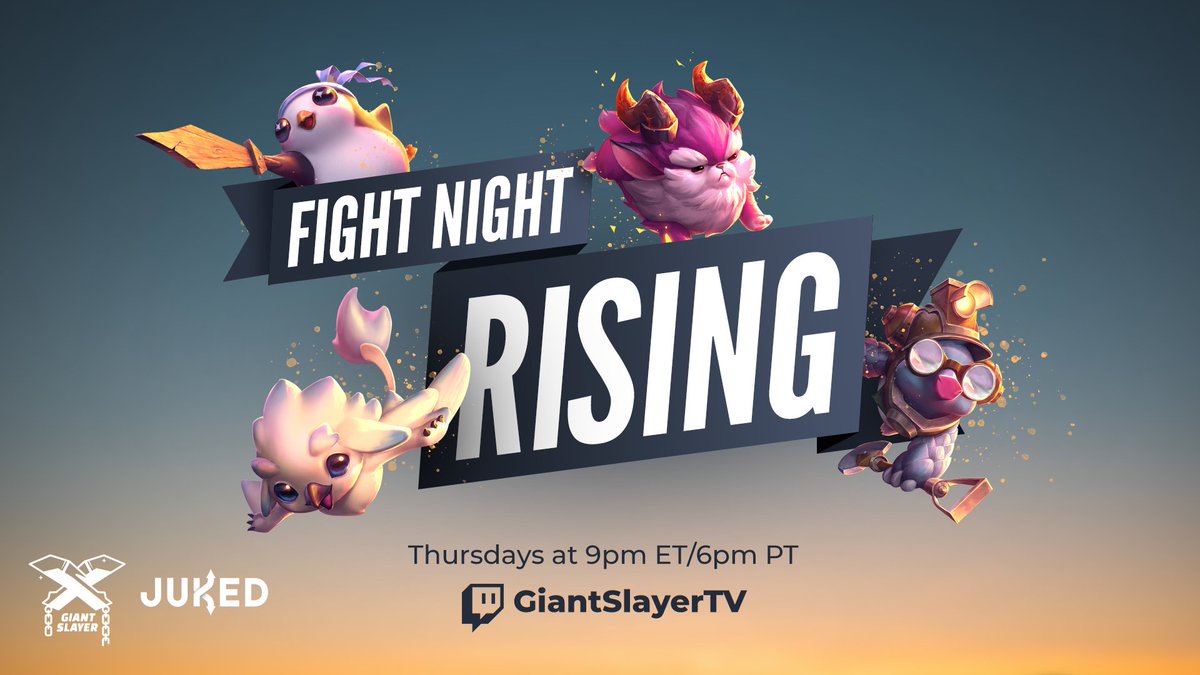 GiantSlayerTFT's tweet photo. While #GSS2 might be over, the #TFT hype train rolls on with a new Fight Night Rising TONIGHT at 9pm ET!

@gunmaytft
@SleetTFT
@sph1nXzy
@exkeepcallin
@WolfeyGlick
@LastKardax
@DanTFT2091
@Treebeardtwtv

🎙️ @Khroen &amp; @Boopasaurusrex

🤝 @JukedGG

📺 https://t.co/CxhKKvLYRn https://t.co/bhKQci0T1r