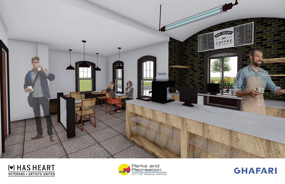 GhafariCo's tweet image. We are excited to be partnering with @HASHEARTus and the City of Grand Rapids. The Coffee Shop at Veterans Memorial Park will serve as a gathering space for veterans and civilians to connect over coffee. Check out the renderings to see the vision for the space! #GhafariCo