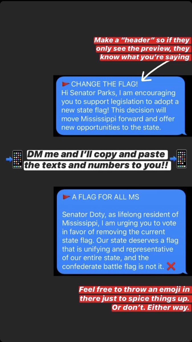 🚩MISSISSIPPI FRIENDS: Let’s make history today!

📲Text these senators and tell them you support changing our state flag!! 

📩DM me and I’ll copy+paste the numbers and texts to you so you don’t have to type from a screenshot.