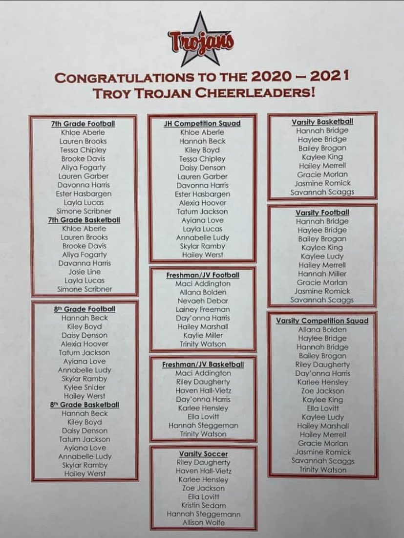 A big shoutout to everyone who made the 2020-2021 cheer teams!!! So proud of all the hard work at tryouts and cannot wait for season❤️🎉